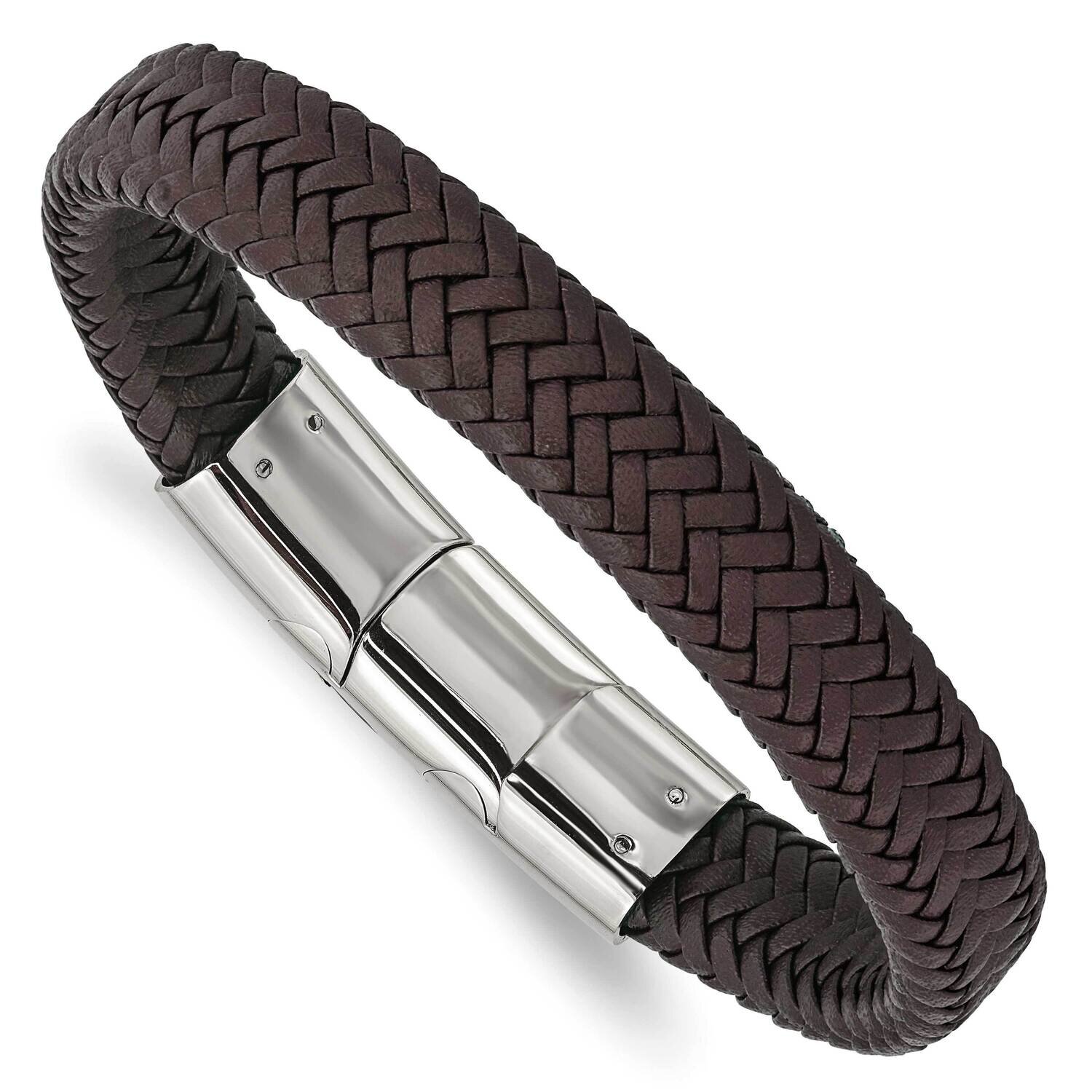 Woven D.Brown Leather with .5 Inch Extender 8 Inch Bracelet Stainless Steel Polished SRB3023-8, MPN…