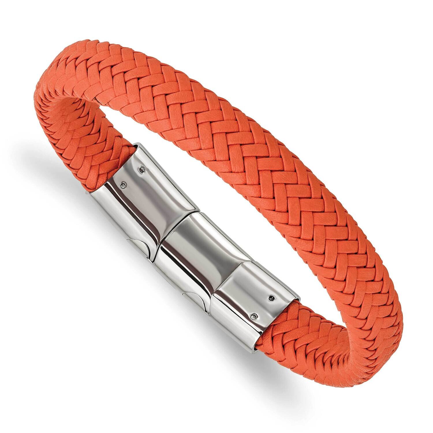 Orange Woven Leather with .5 Inch Extender 8 Inch Bracelet Stainless Steel Polished SRB3024-8, MPN:…