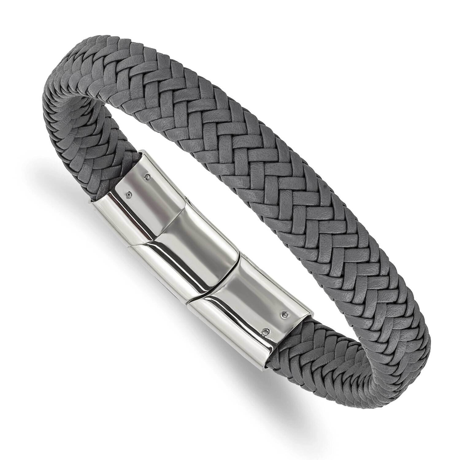 Grey Woven Leather with .5 Inch Extender 8 Inch Bracelet Stainless Steel Polished SRB3025-8