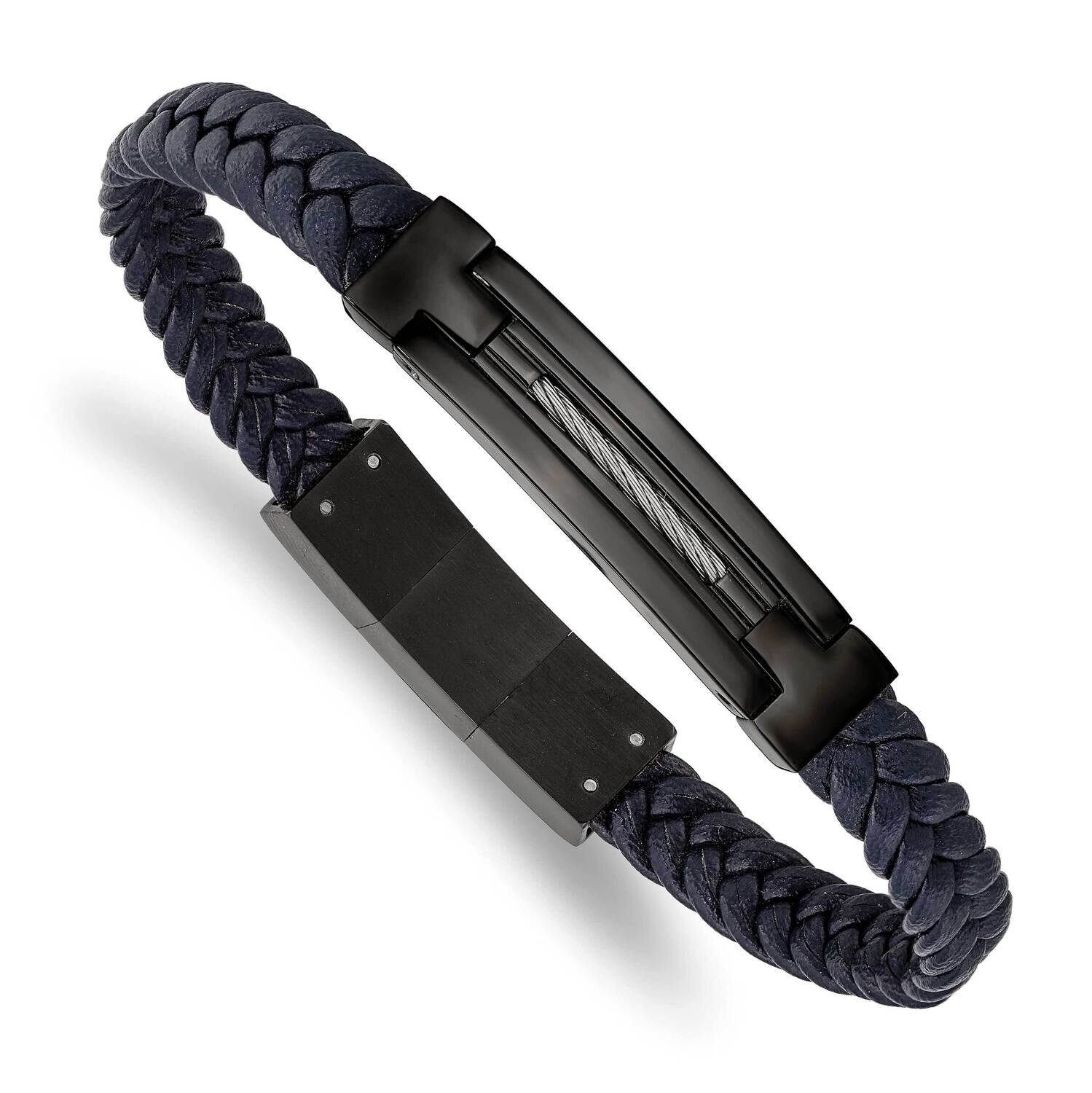 Black Ip Navy Blue Leather with .5 Inch Extender 8 Inch Bracelet Stainless Steel Polished SRB3031-8…