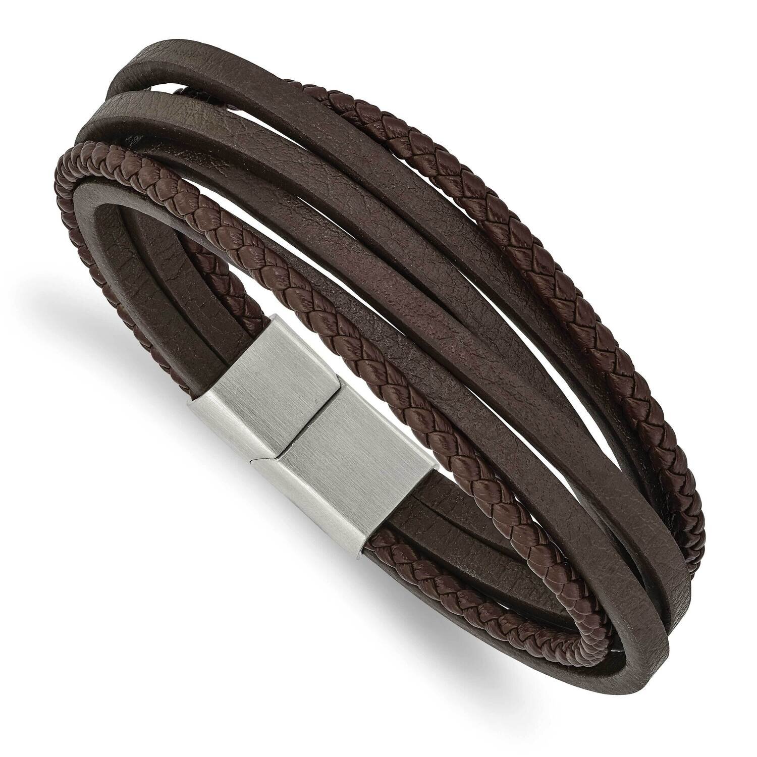 Brown Leather Multi Strand 8 Inch Bracelet Stainless Steel Brushed SRB3033-8, MPN: SRB3033-8, 19110…