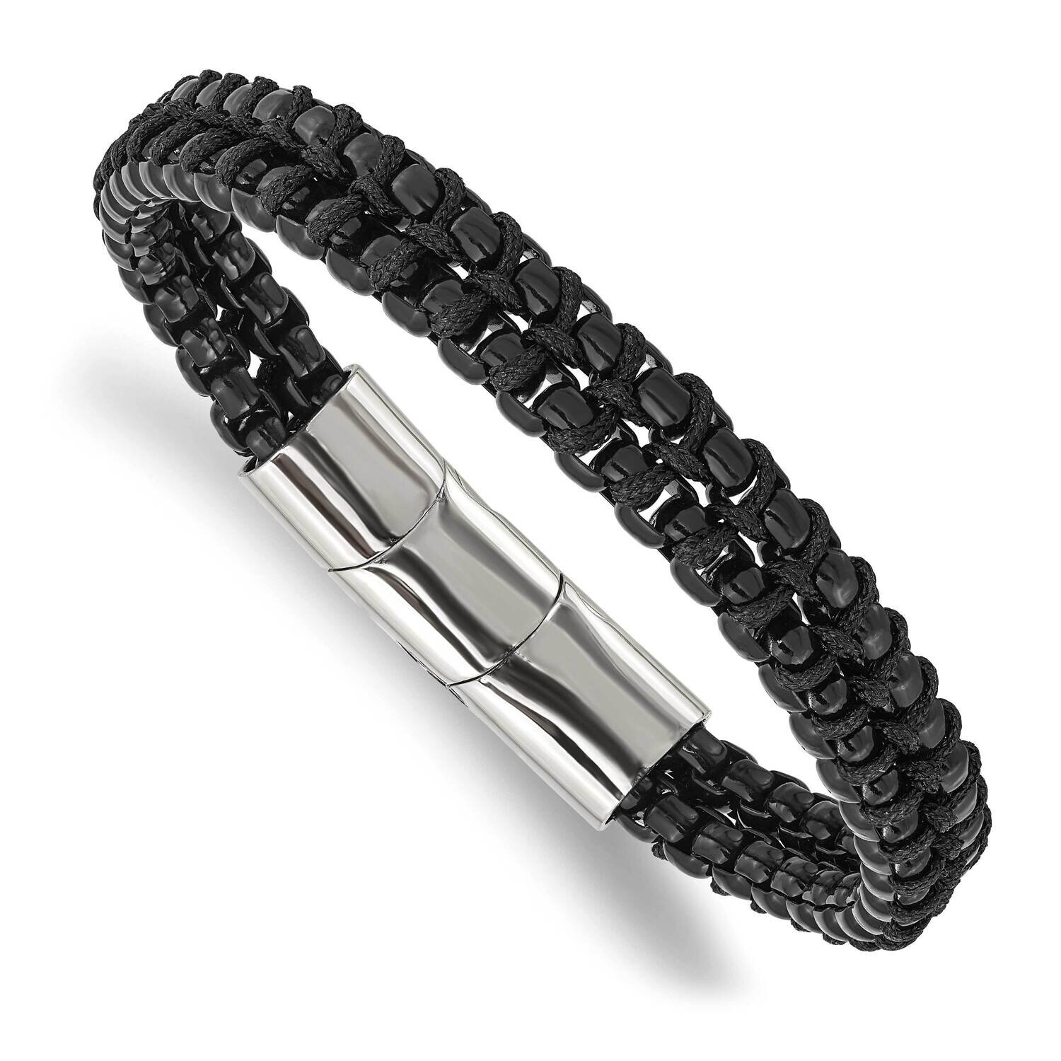 Black Ip with Black Cotton with .5 Inch Extender 8.5 Inch Bracelet Stainless Steel Polished SRB3035…