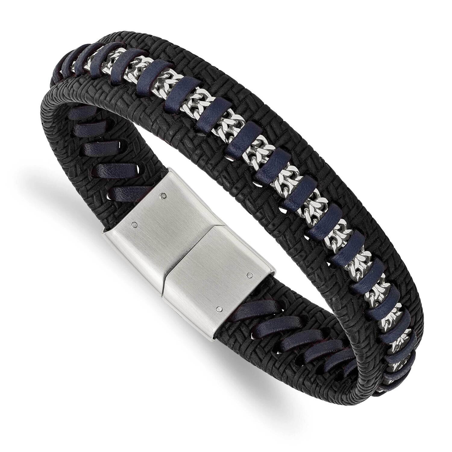Black and Blue Leather 8.5 Inch Bracelet Stainless Steel Polished SRB3036-8.5, MPN: SRB3036-8.5, 19…