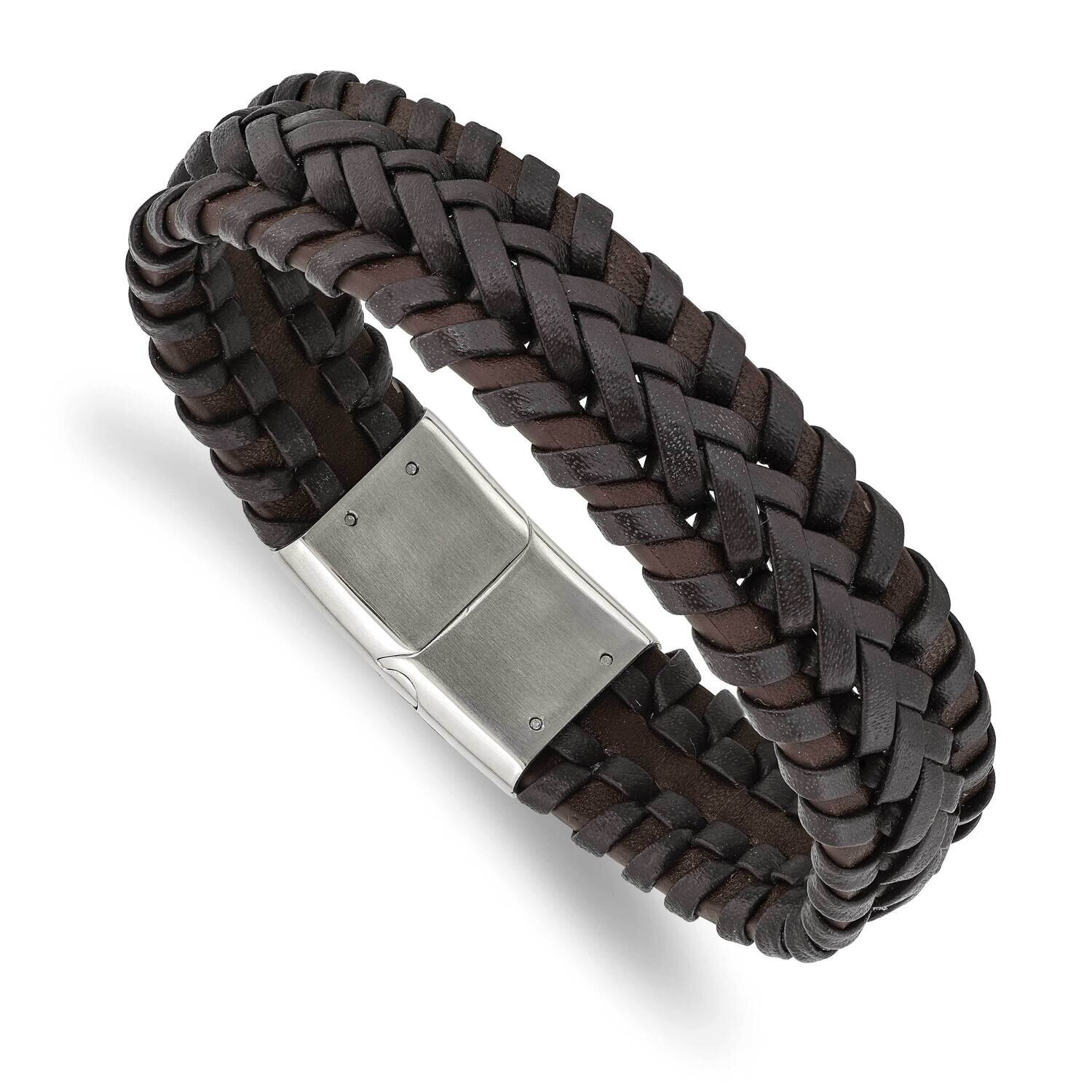 Braided Brown Leather 8.5 Inch Bracelet Stainless Steel Polished SRB3038-8.5, MPN: SRB3038-8.5, 191…