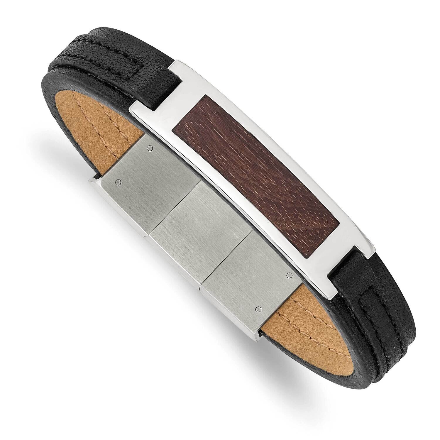 Wood Inlay Black Leather .5 Inch Extender Bracelet Stainless Steel Polished SRB3040-7.75, MPN: SRB3…