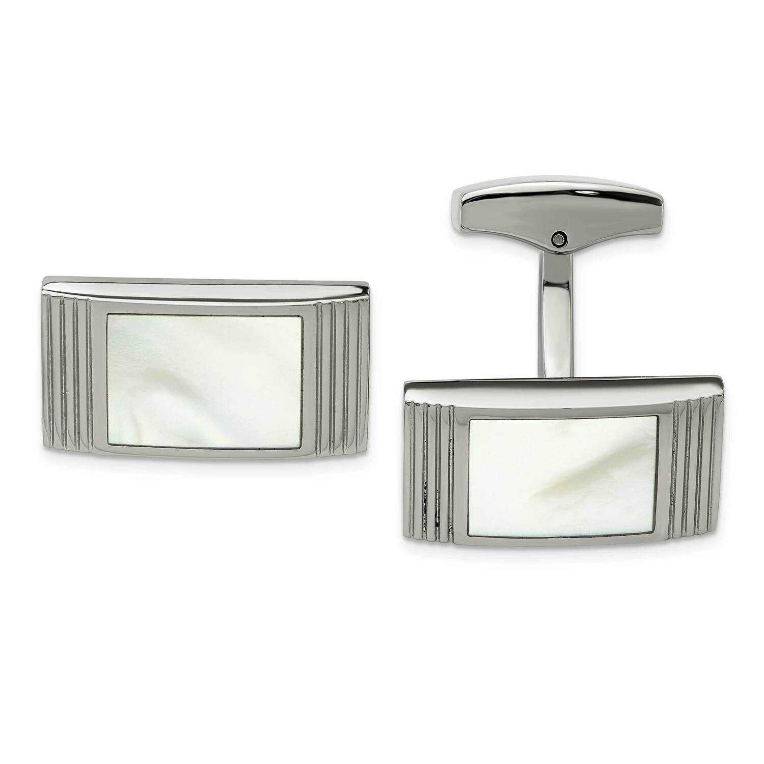 Mother Of Pearl Grooved Rectangle Cufflinks Stainless Steel Polished SRC320
