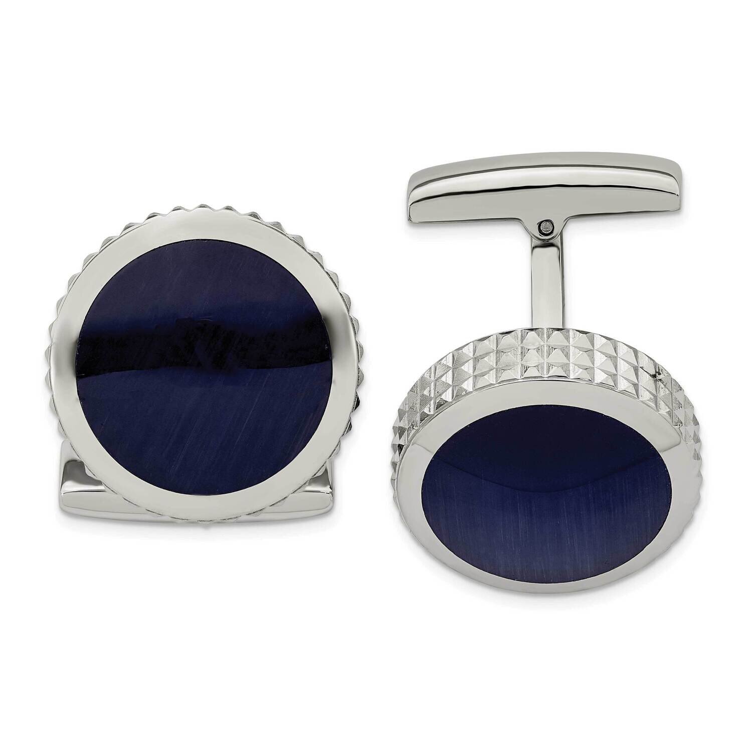 Blue Cat's Eye Textured Round Cufflinks Stainless Steel Polished SRC356