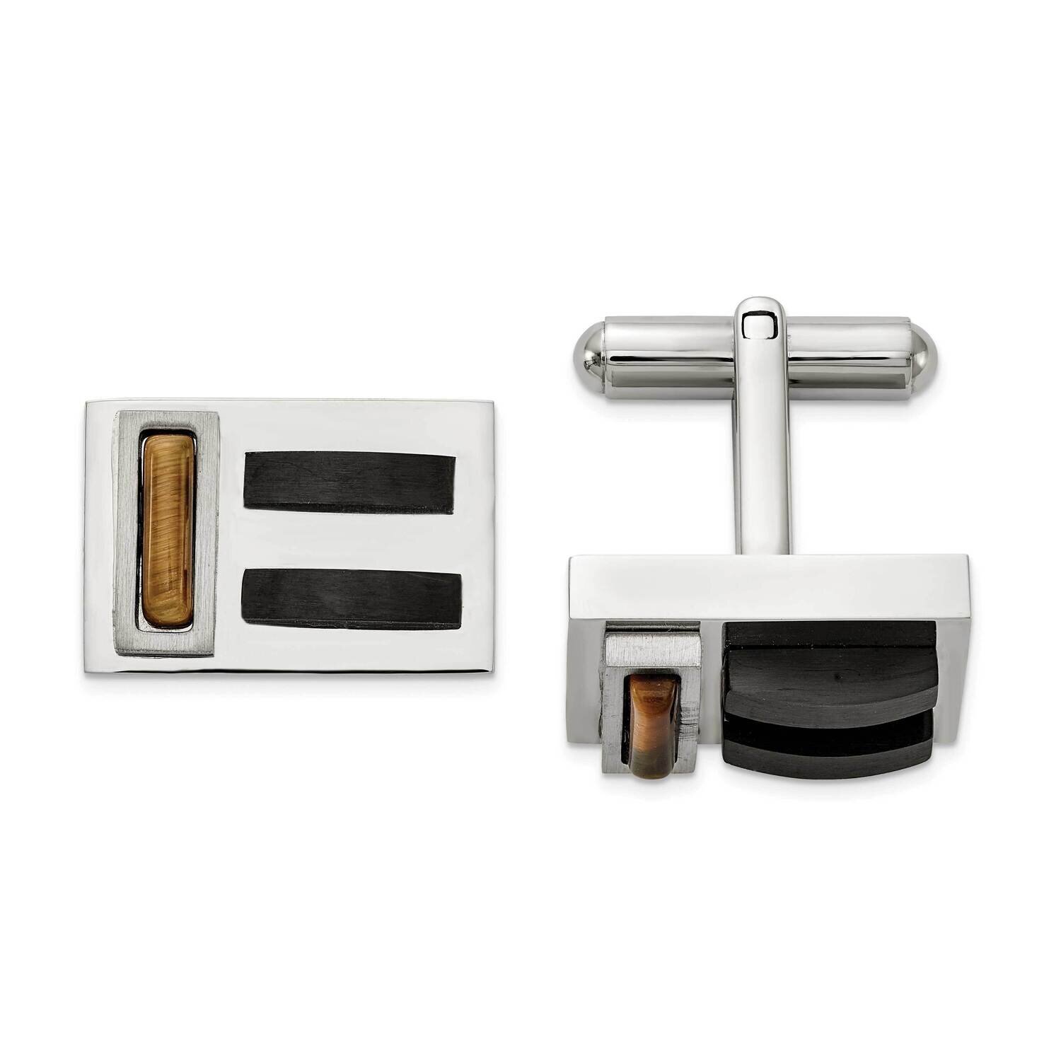 Black Ip with Tiger&#39;s Eye Cufflinks Stainless Steel Brushed and Polished SRC412