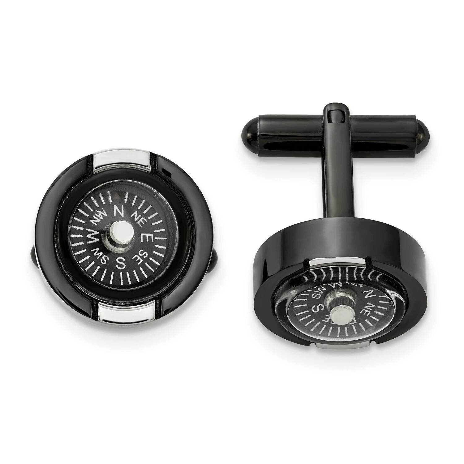 Black Ip-Plated Functional Compass Cufflinks Stainless Steel Polished SRC416