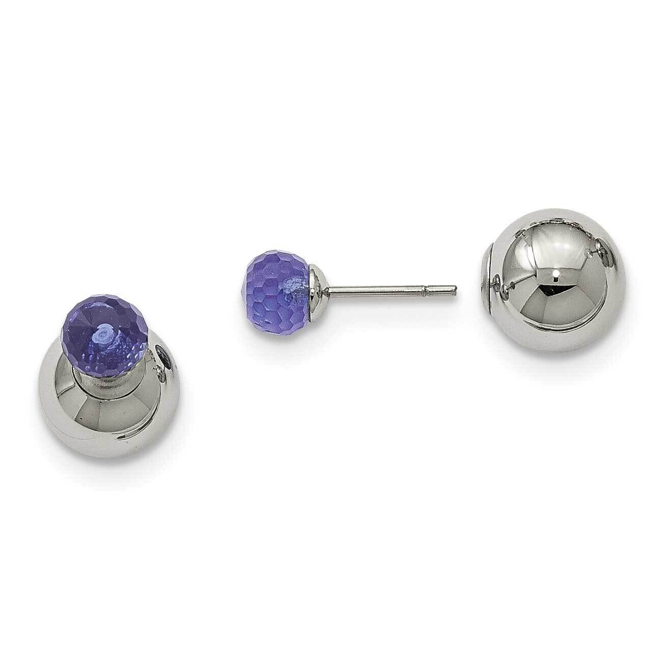 Ball with Blue Glass Reversible Ball Post Earrings Stainless Steel Polished SRE1059