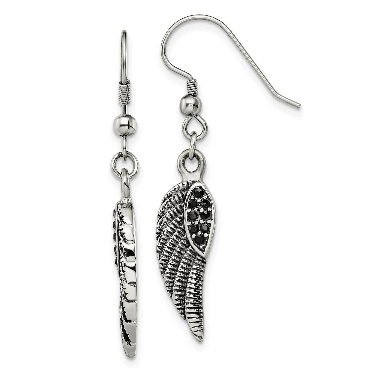 Polished with Black Crystal Wings Dangle Earrings Stainless Steel Antiqued SRE1391