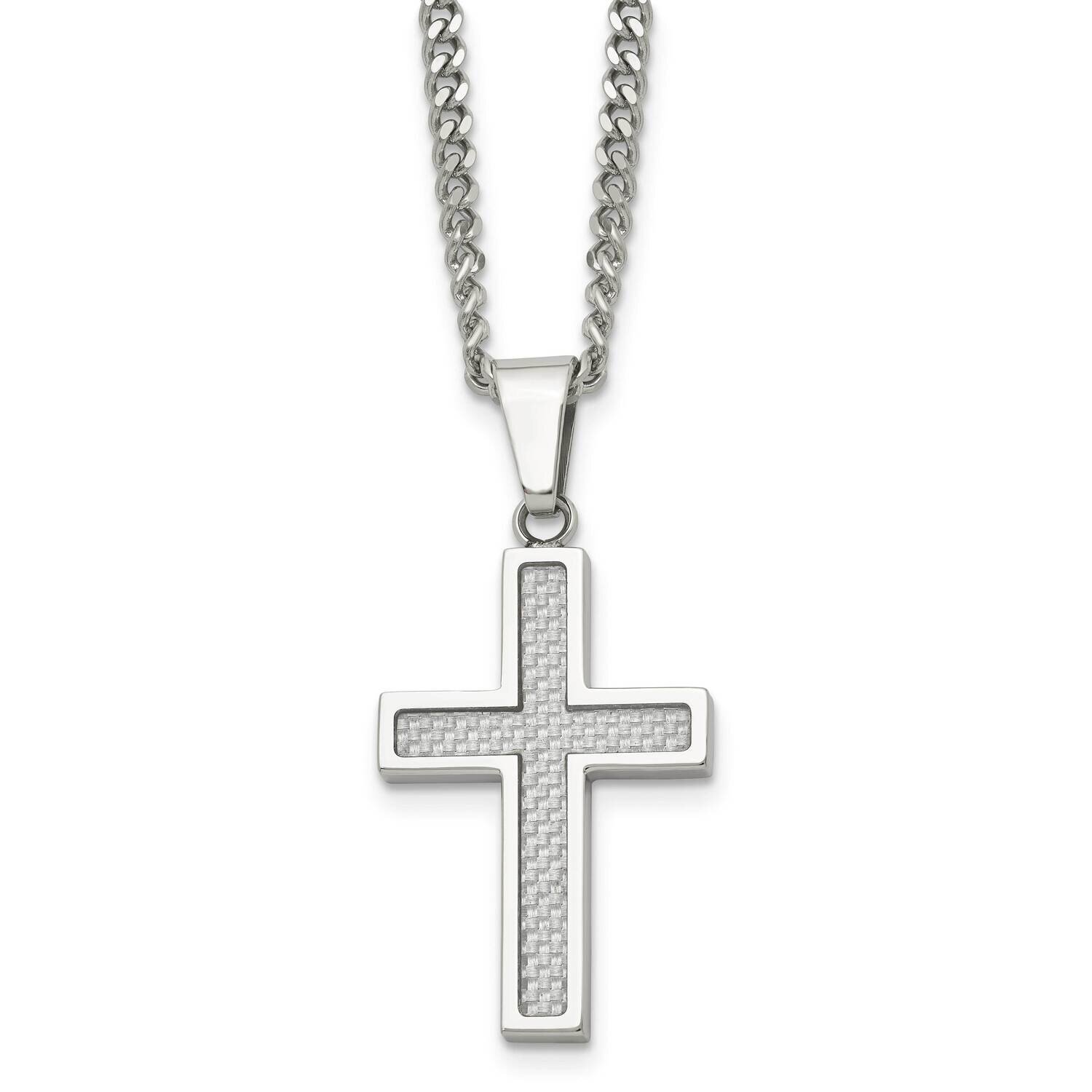 Grey Carbon Fiber Inlay Small Cross Necklace Stainless Steel Polished SRN1409-20