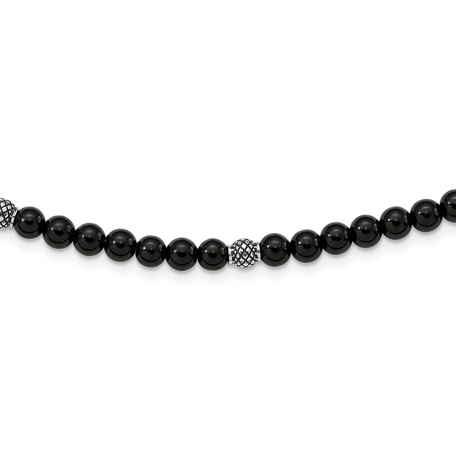 Polished Black Agate Beaded with 2 Inch Extension Necklace Stainless Steel Antiqued SRN2721-18.5, M…