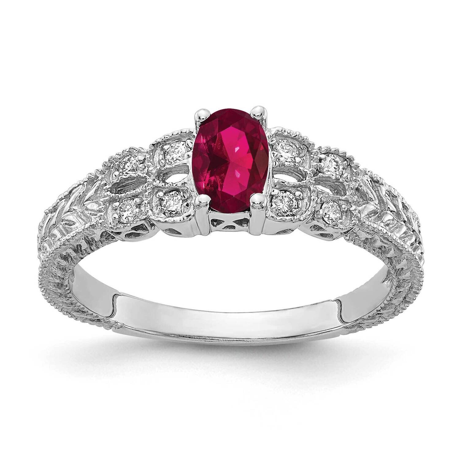 6x4mm Oval Created Ruby Aaa Diamond Ring 14k White Gold Y2065CR/AAA