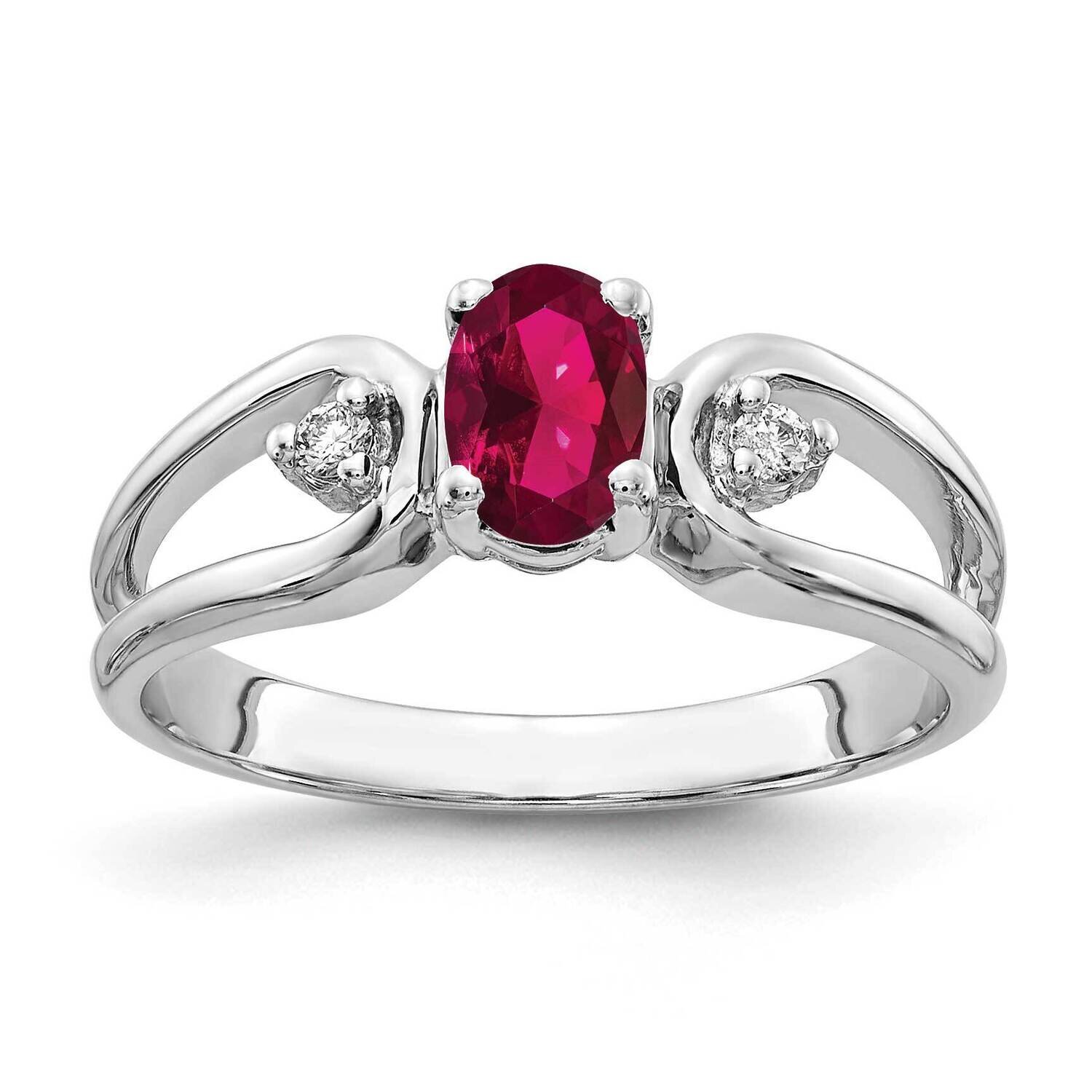 6x4mm Oval Created Ruby Aaa Diamond Ring 14k White Gold Y2082CR/AAA