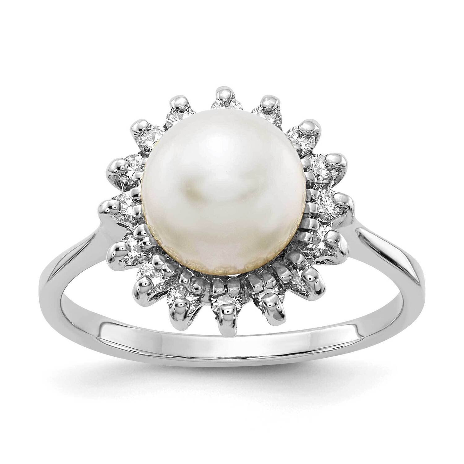 7.5mm Fw Cultured Pearl Aaa Diamond Ring 14k White Gold Y4379PL/AAA