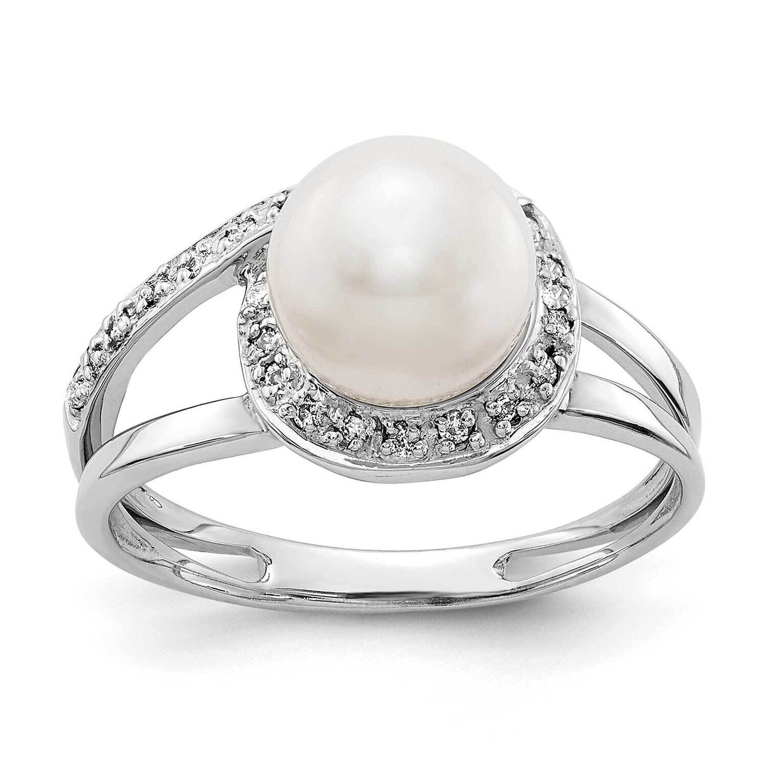 7.5mm Fw Cultured Pearl Aaa Diamond Ring 14k White Gold Y4380PL/AAA