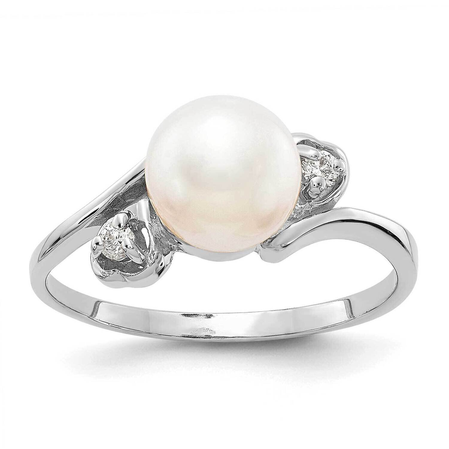 7mm Fw Cultured Pearl Aaa Diamond Ring 14k White Gold Y4393PL/AAA