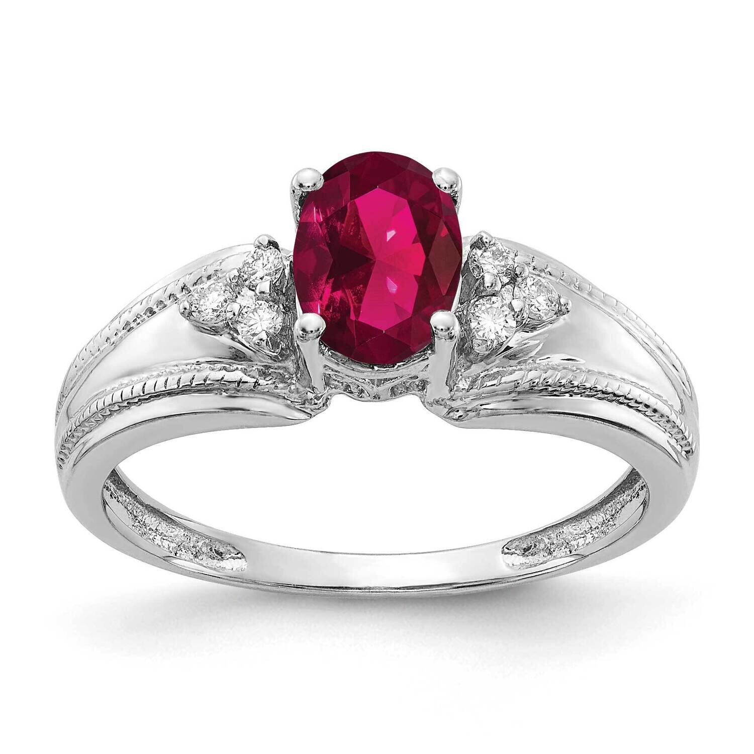7x5mm Oval Created Ruby Aaa Diamond Ring 14k White Gold Y4450CR/AAA