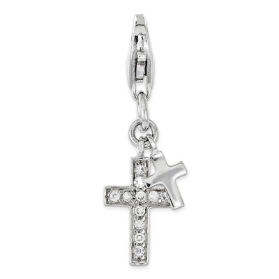 CZ Two Cross Charm - Sterling Silver Polished QCC1177 by Amore La Vita, MPN: QCC1177, 191101681271