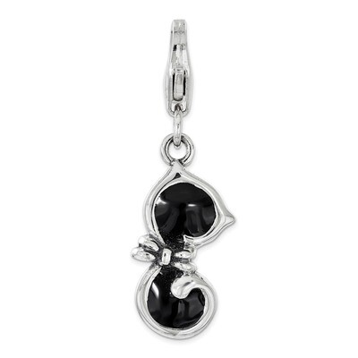 Black Enameled Cat Charm - Sterling Silver QCC1168 by Amore La Vita, MPN: QCC1168, 886774035406