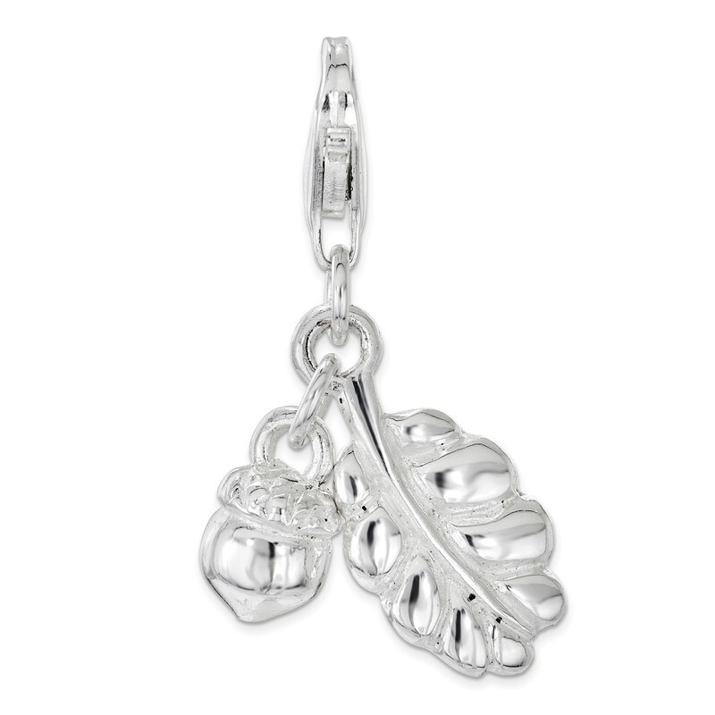 3D Acorn and Leaf Charm - Sterling Silver Polished QCC1219