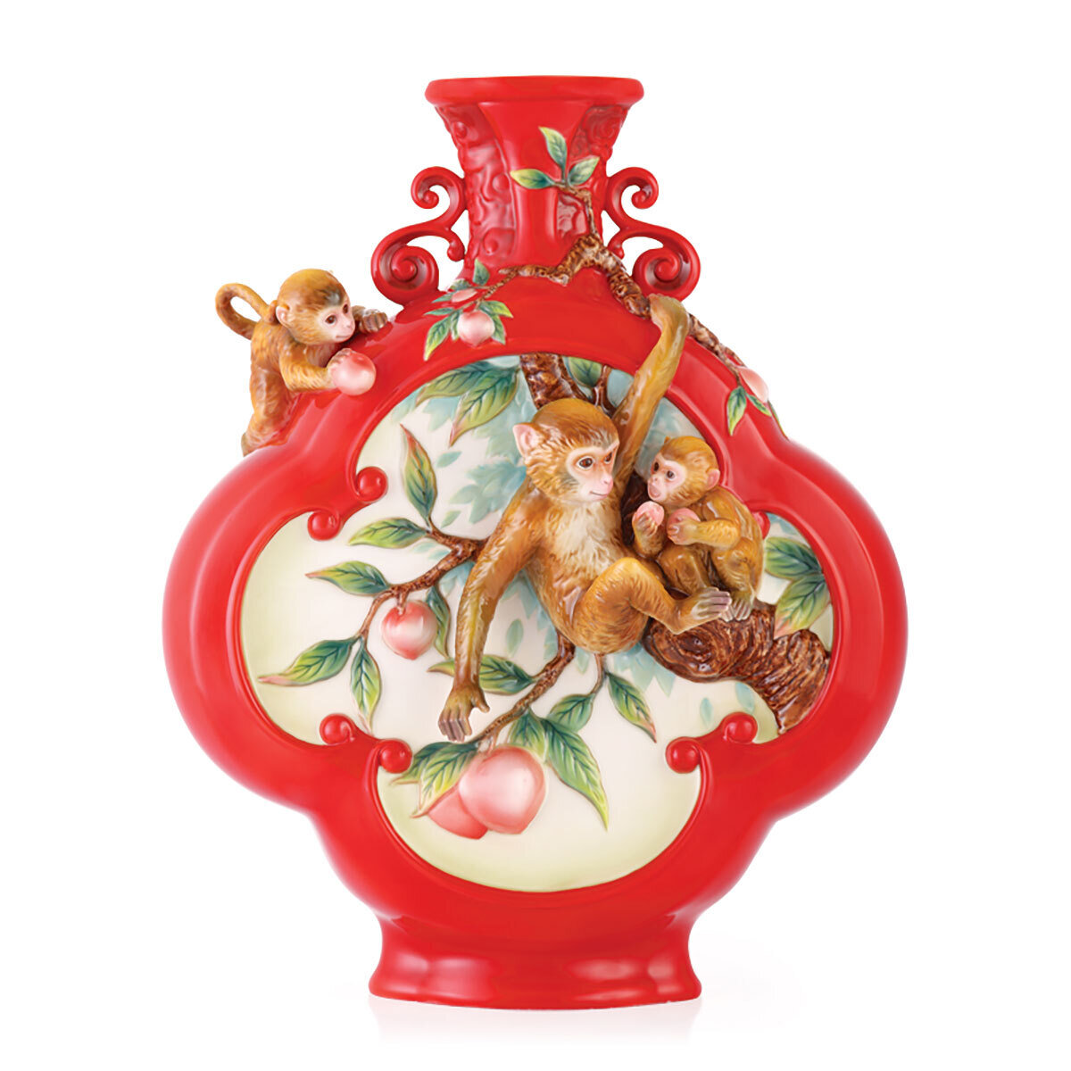 Franz Porcelain Monkey Pick Peach Vase FZ03475