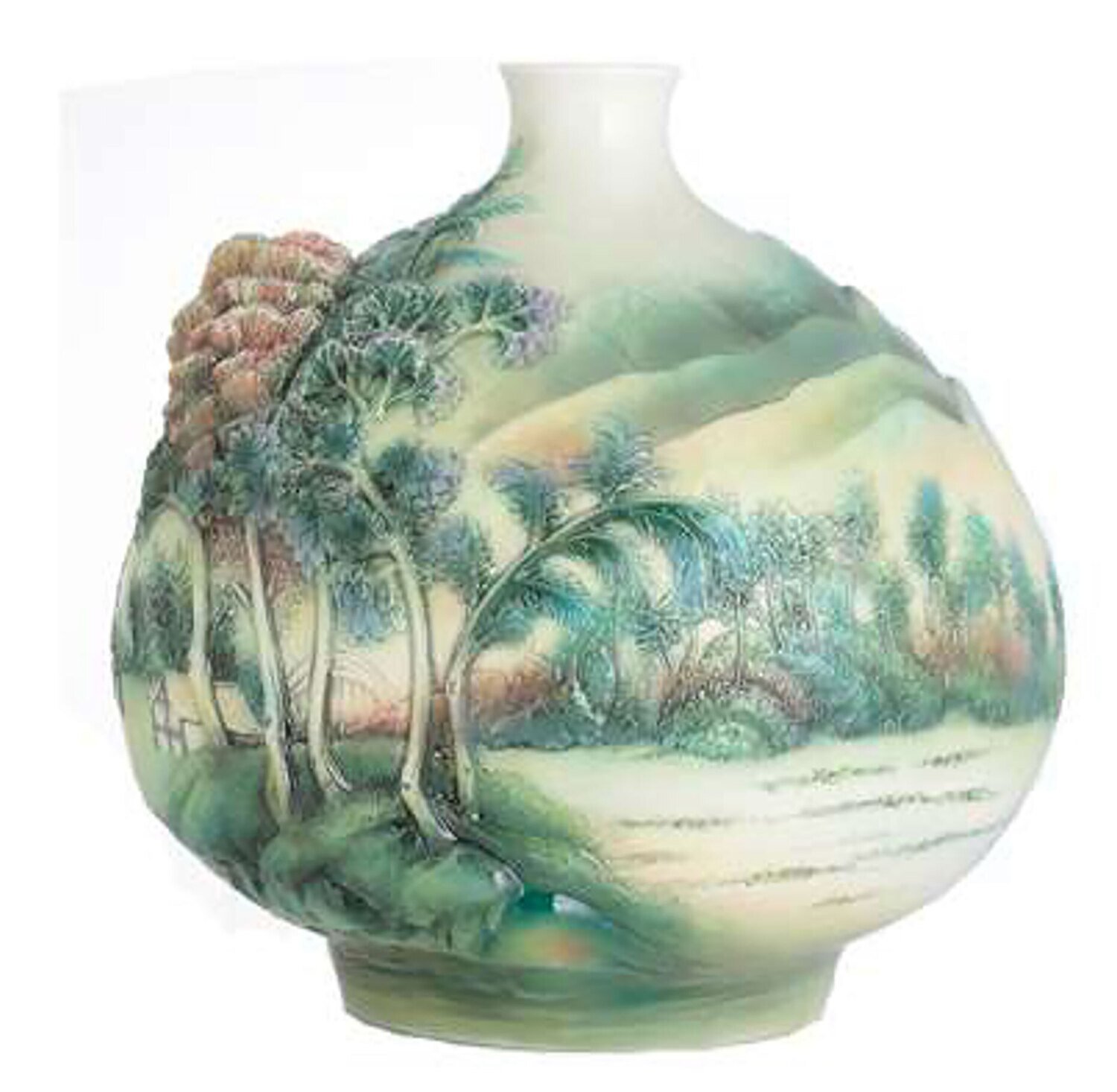 Franz Porcelain Nizan Painting Cottage River and Bamboo Vase CP00035
