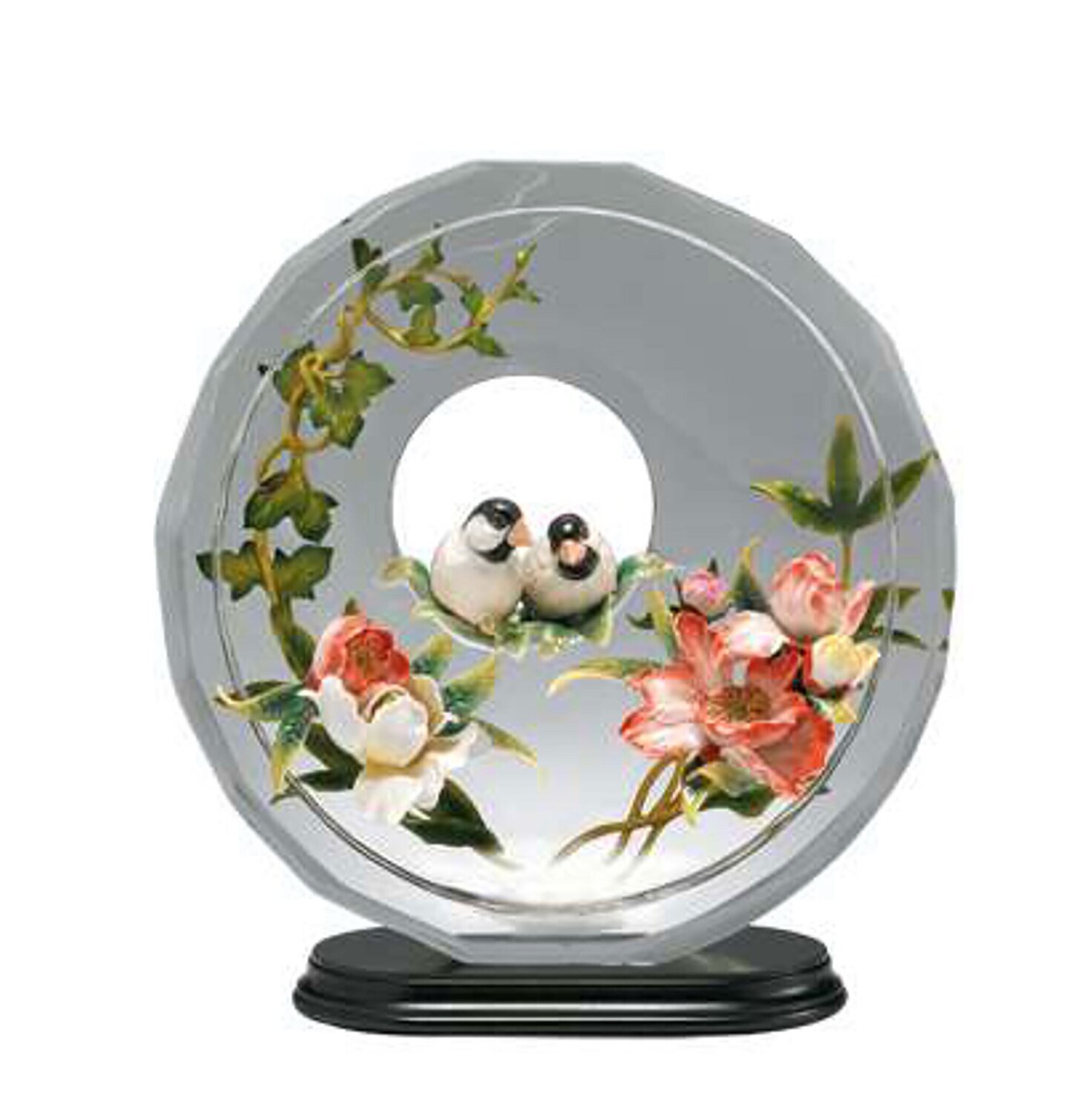 Franz Porcelain Lucite Bl00Ming Flowers and Moon Figurine with Wooden Base Limited Editon of 199 FL00066