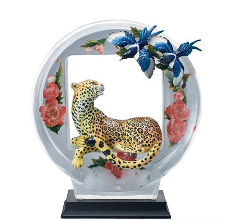 Franz Porcelain Lucite Leopard and Magpie Leopard and Magpie with Wooden Base Limited Editon of 688Pc FL00083