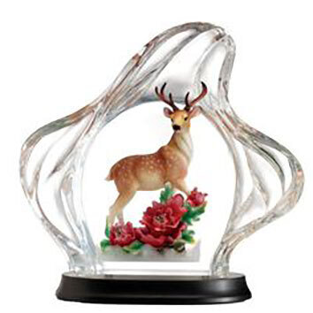 Franz Porcelain Lucite A Deer Standing By Peony Flower Figurine with Wooden Base Limited Editon of 688 FL00105