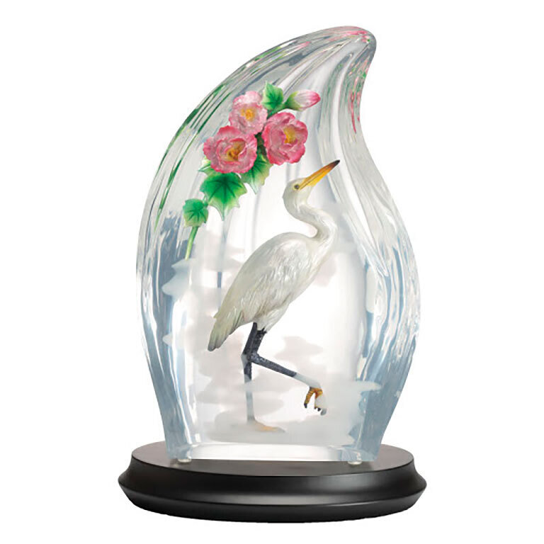 Franz Porcelain Lucite Egret and Hibiscus Figurine with Wooden Base Limited Editon of 688 FL00106