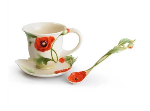 Franz Porcelain Poppy Flower Cup Saucer Spoon Set FZ00523