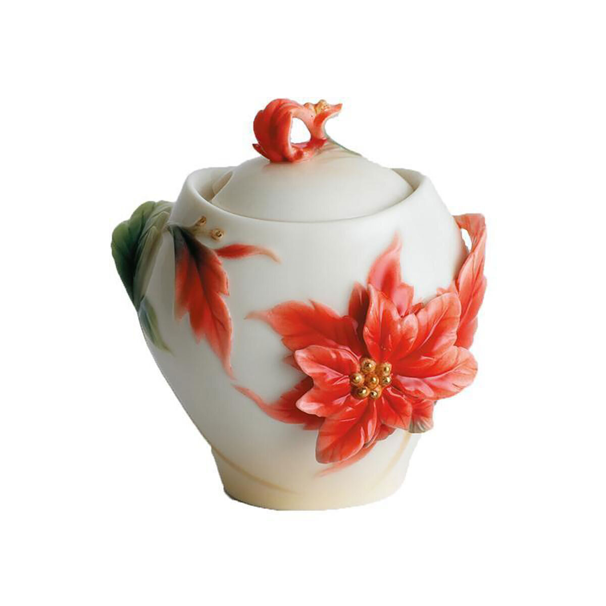 Franz Porcelain Poinsettia Flower Sugar Jar With Cover FZ00894
