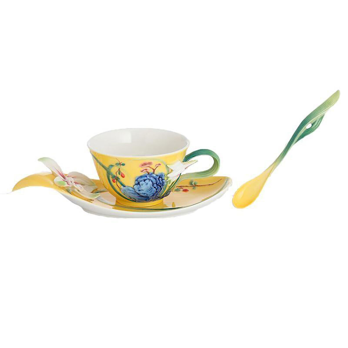 Franz Porcelain Irises Orchids With Grotesque Stone Cup Saucer Spoon Set FZ02794