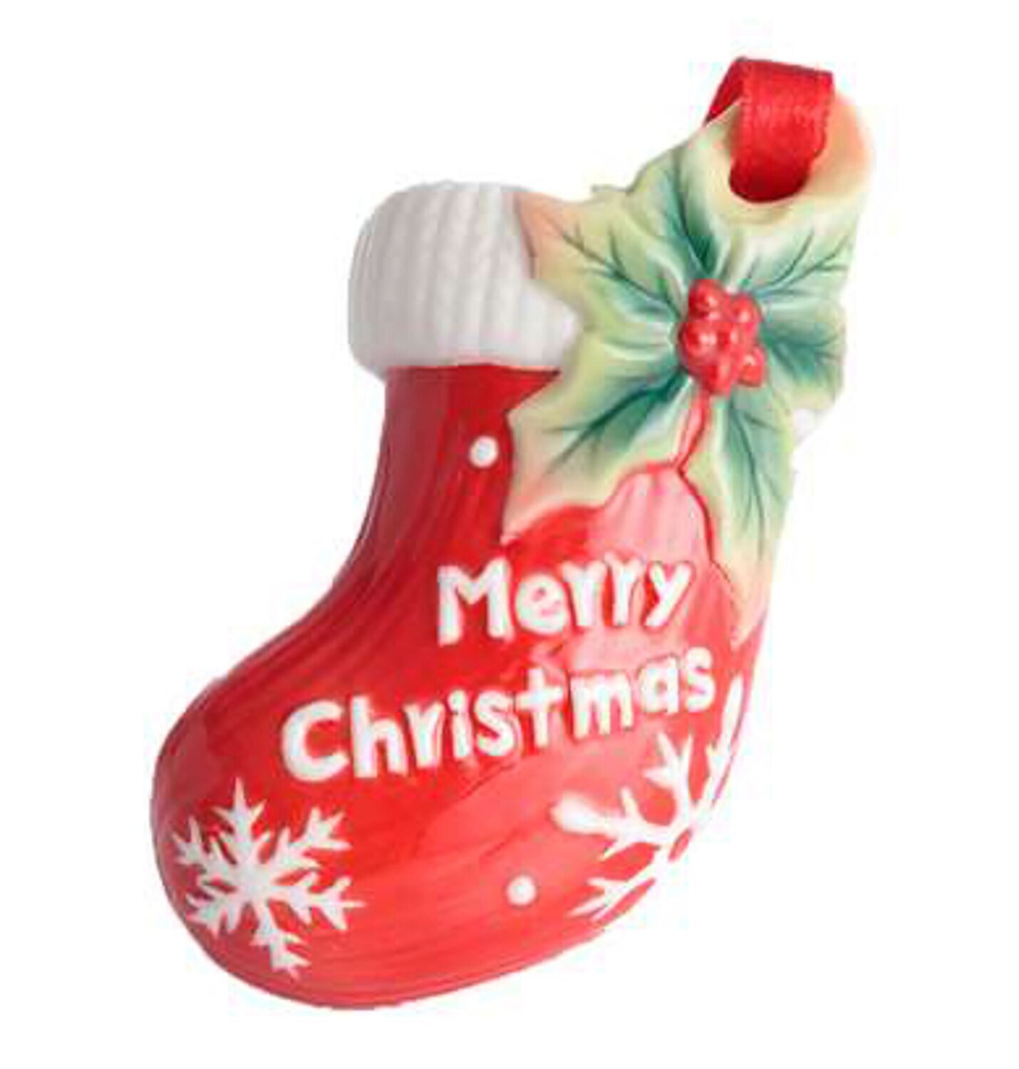 Franz Porcelain Holiday Greetings Stocking With Christmas Writing Ornament FZ02775