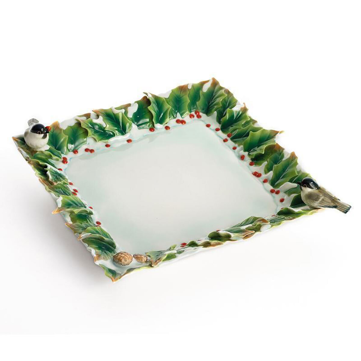 Franz Porcelain Holiday Beginnings Chickadee Ornamental Square Plate FZ01595