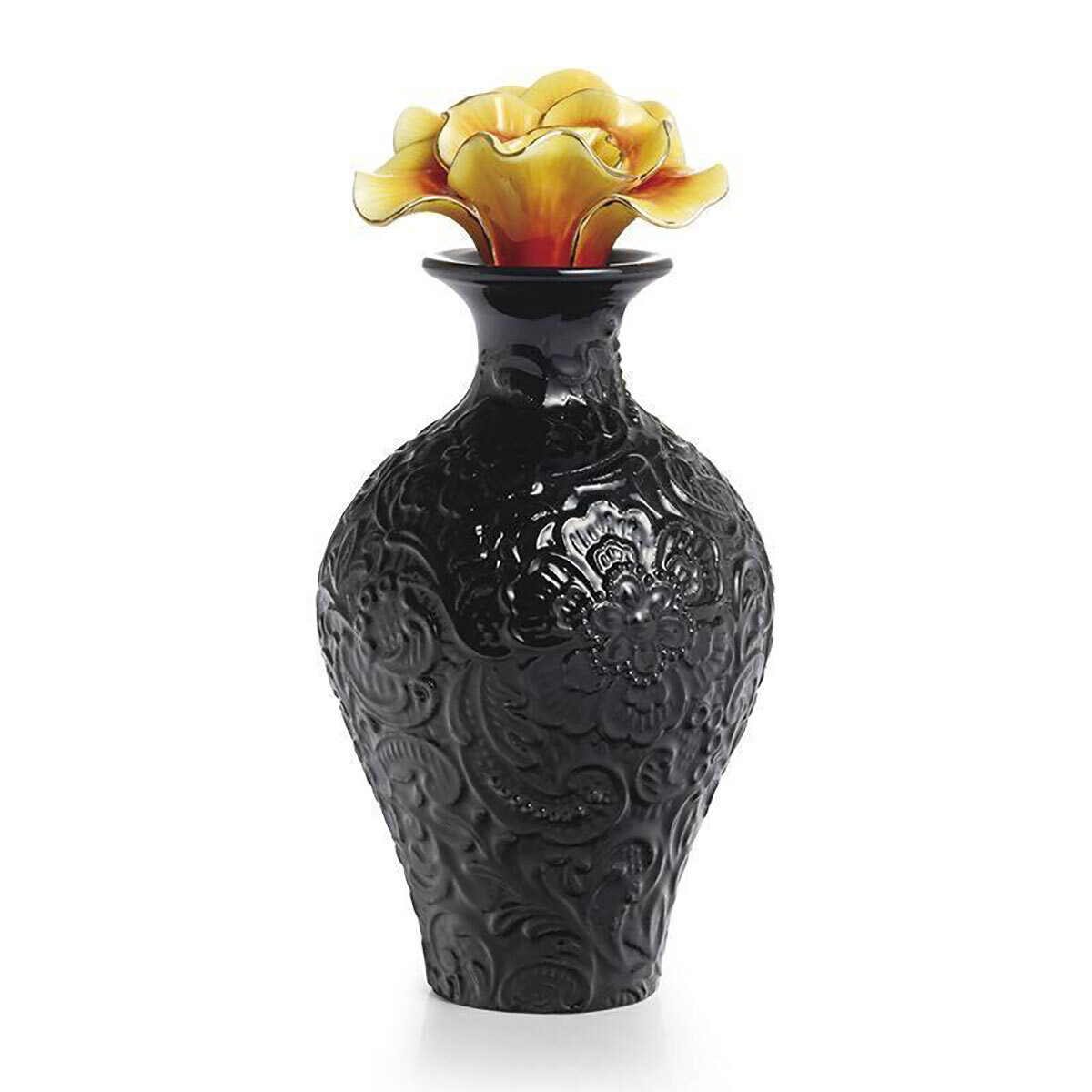 Franz Porcelain Fragrant Flowerblack With Yellow Flower Perfume Bottle FZ02153