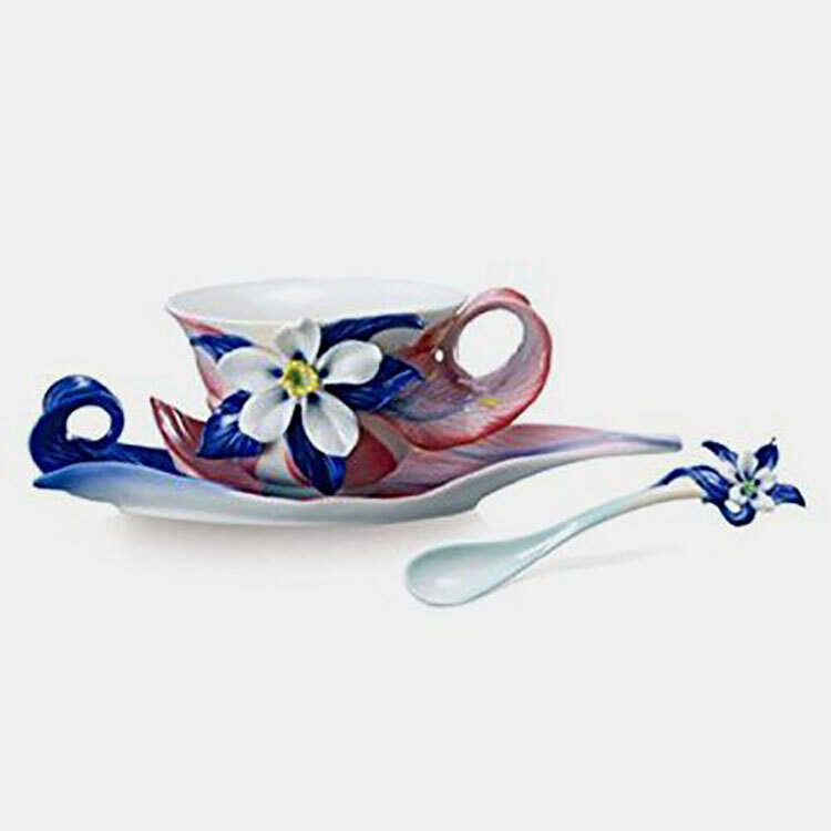 Franz Porcelain Columbine Wildflowers Cup Saucer Spoon Set FZ02082