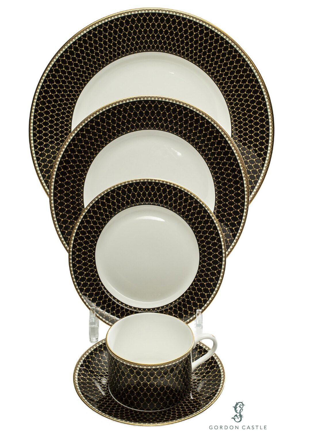 Halcyon Days Gordon Castle Antler Trellis Black 5 Piece Place Setting BCGAT025PG, MPN: BCGAT025PG,