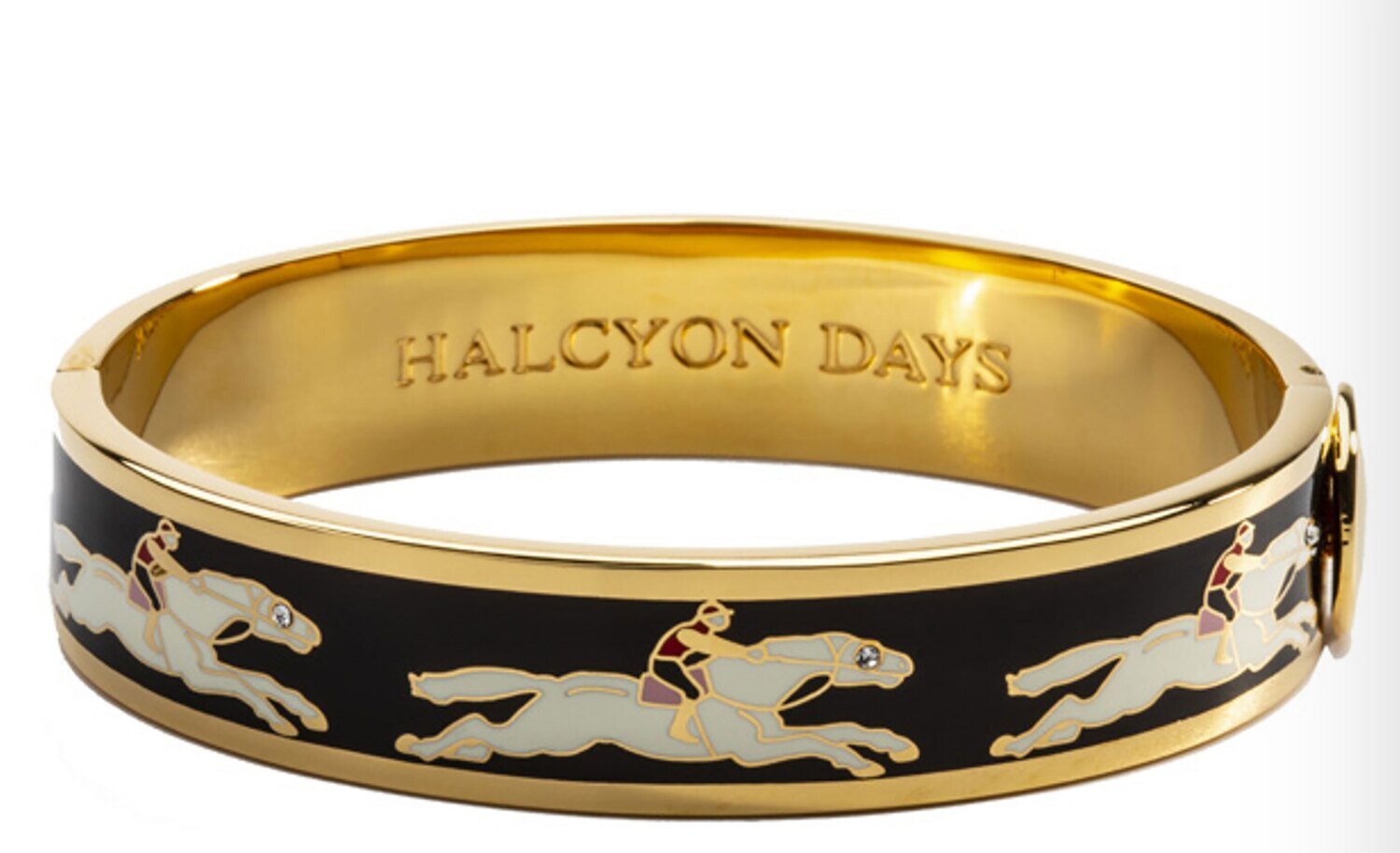 Halcyon Days 13mm Race horse Black Cream Gold Hinged Bangle Bracelet HBRCH0213G