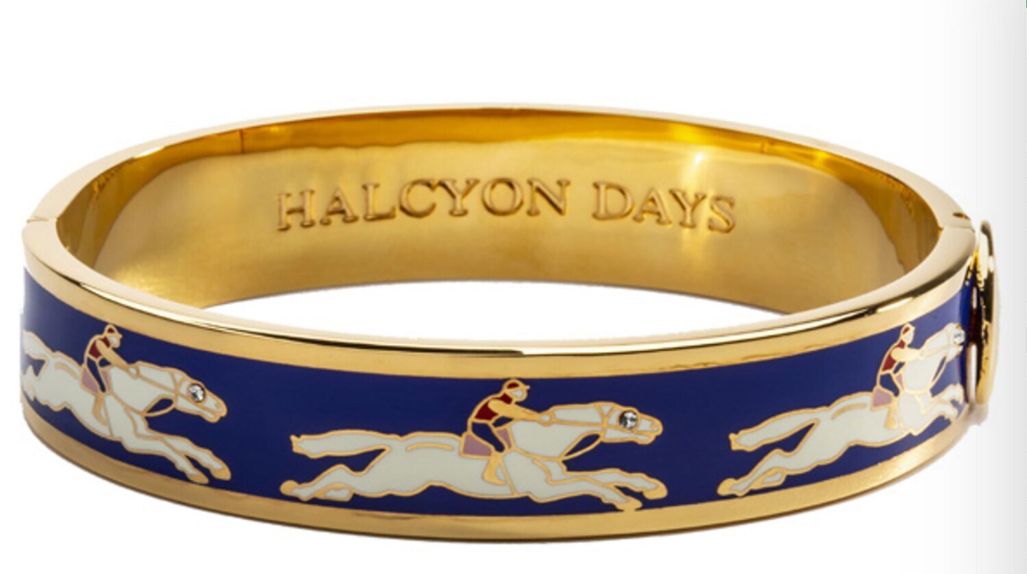 Halcyon Days 13mm Race horse Deep Cobalt Cream Gold Hinged Bangle Bracelet HBRCH1013G