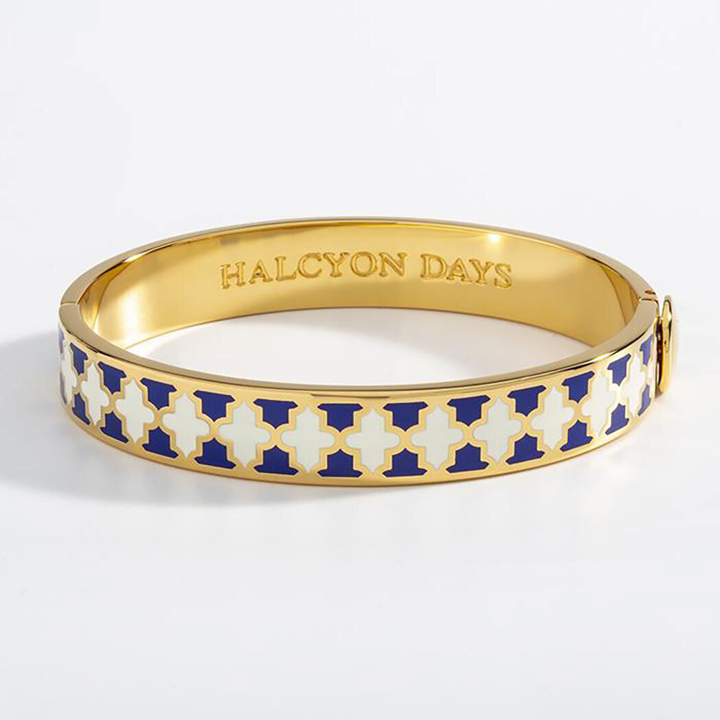 Halcyon Days 1cm Agama Cobalt &amp; Cream Gold Hinged Bangle Bracelet HBAGA100510G