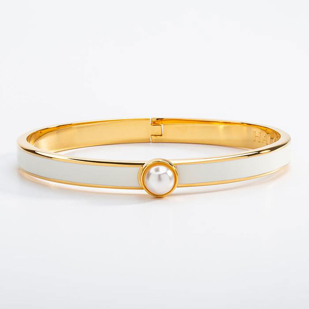 Halcyon Days 6mm Skinny Cabochon Pearl Cream Gold Hinged Bangle Bracelet HBSCB0506G, MPN: HBSCB0506…