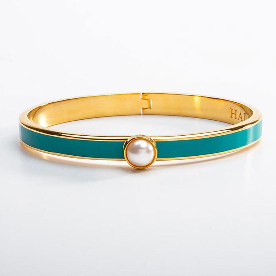 Halcyon Days 6mm Skinny Cabochon Pearl Turquosie Gold -Hinged Bangle Bracelet HBSCB1406G