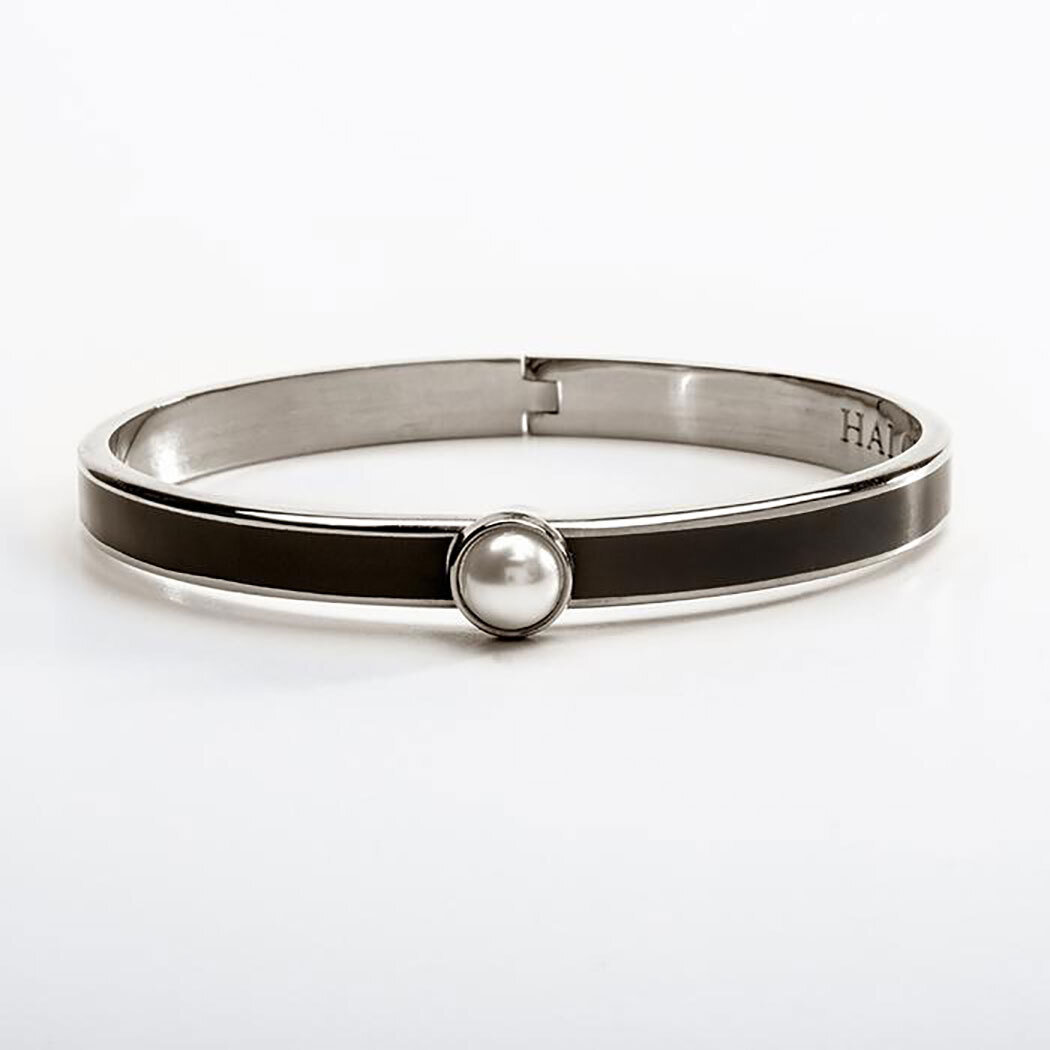 Halcyon Days 6mm Skinny Cabochon Pearl Black Palladium Hinged Bangle Bracelet HBSCB0206P, MPN: HBSC…