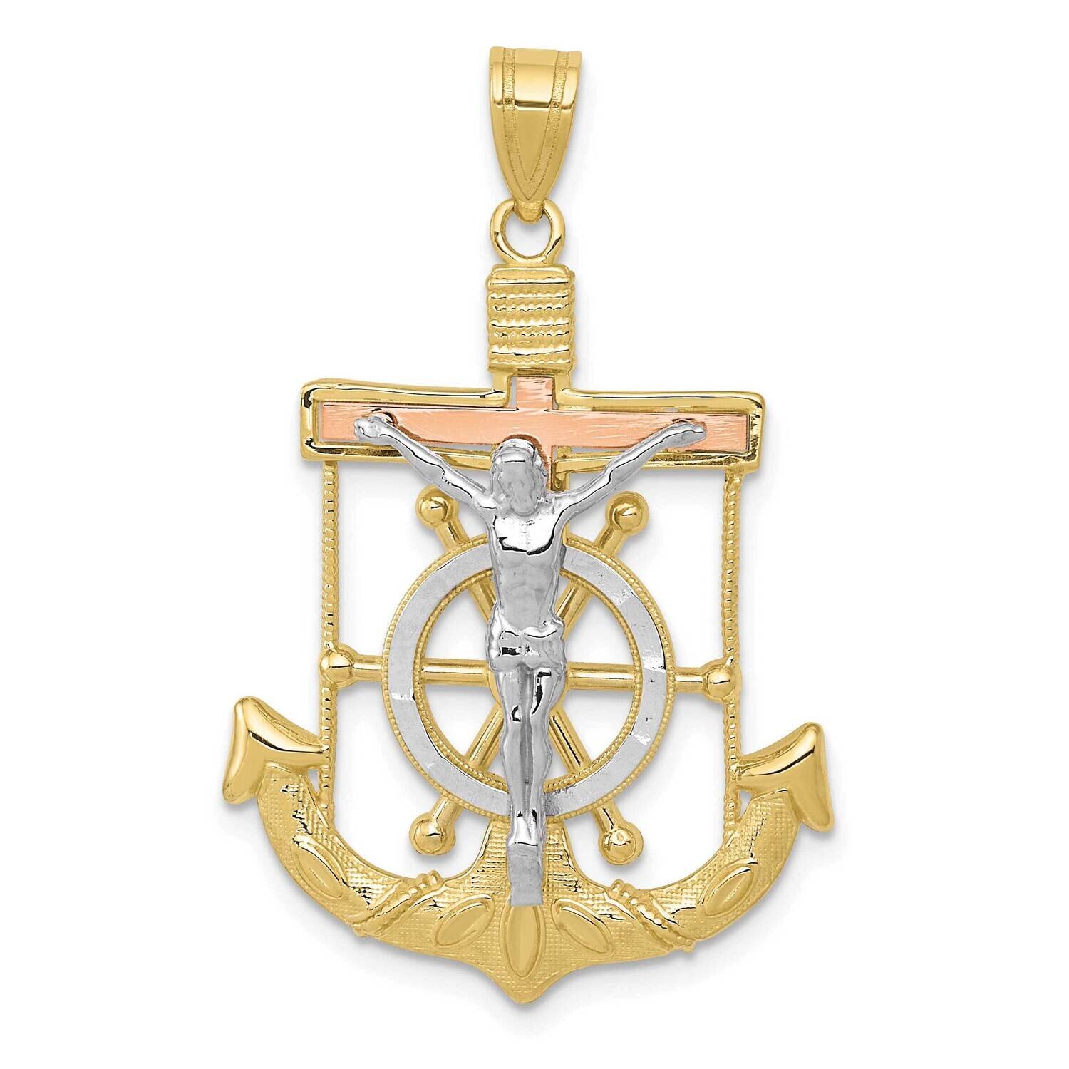 Tri-Color Diamond-Cut with Textured Mariner&#39;s Cross Pendant 10k Gold 10C3931, MPN: 10C3931,