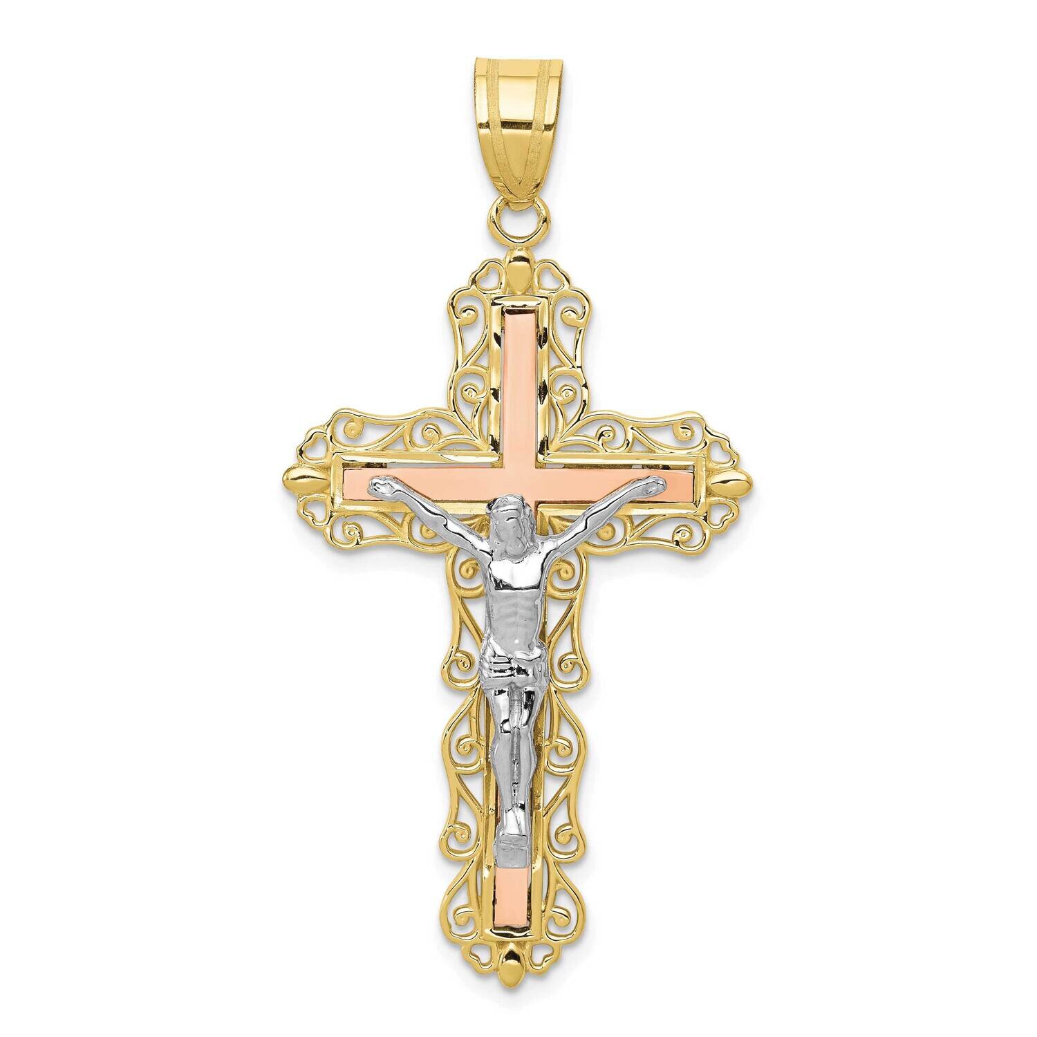 Tri-Color Diamond-Cut Crucifix Pendant 10k Gold 10D3646