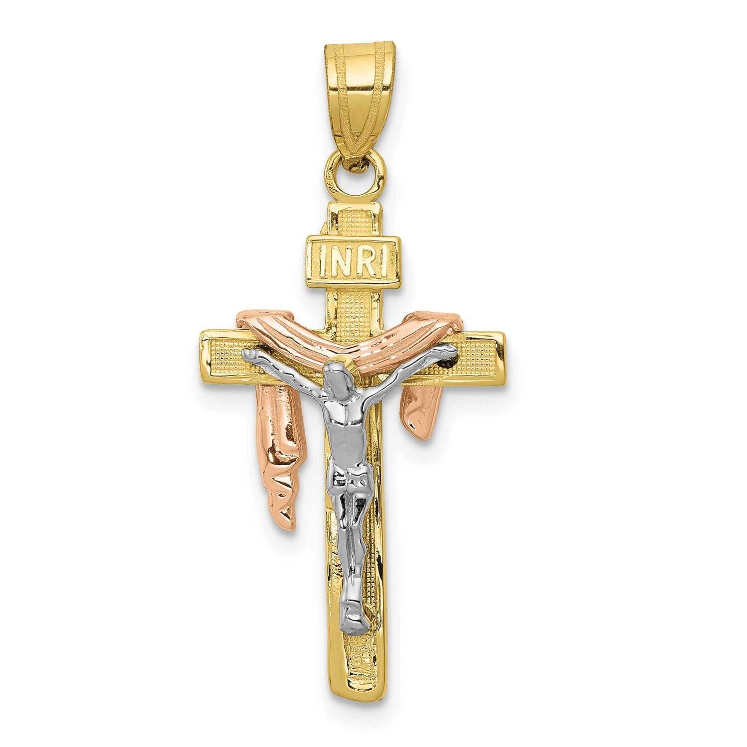 Tri-Color Diamond-Cut Small Draped Inri Crucifix Pendant 10k Gold 10D4323