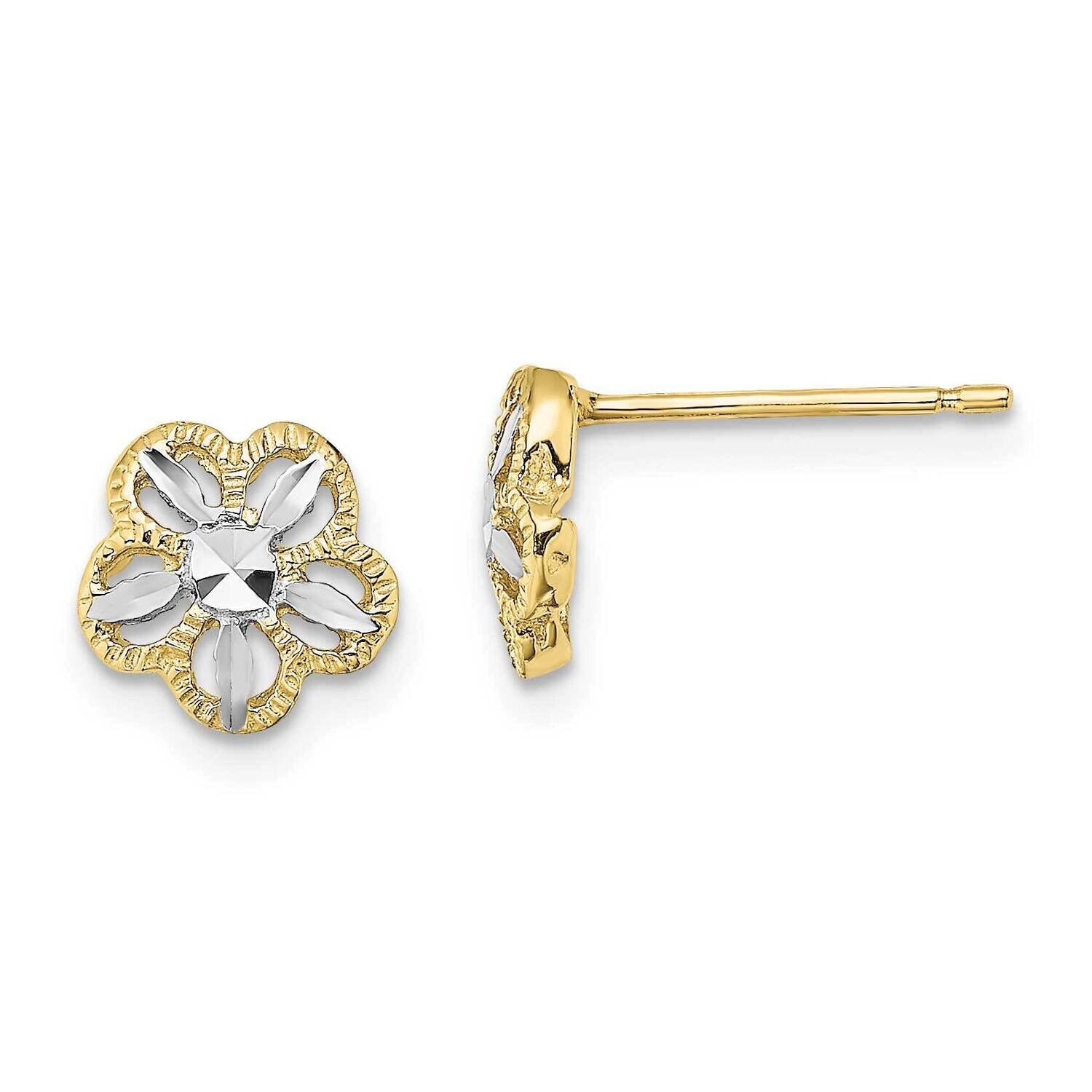 Rhodium Diamond-Cut Flower Post Earrings 10k Gold 10K4410